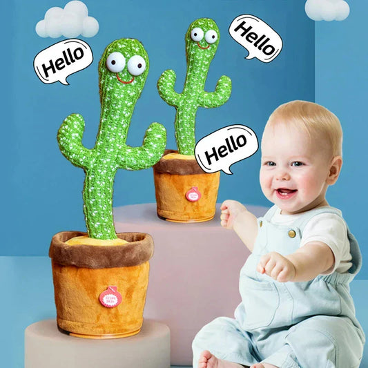 TTikTok dancing cactus toy smiling at toddler, saying "Hello".